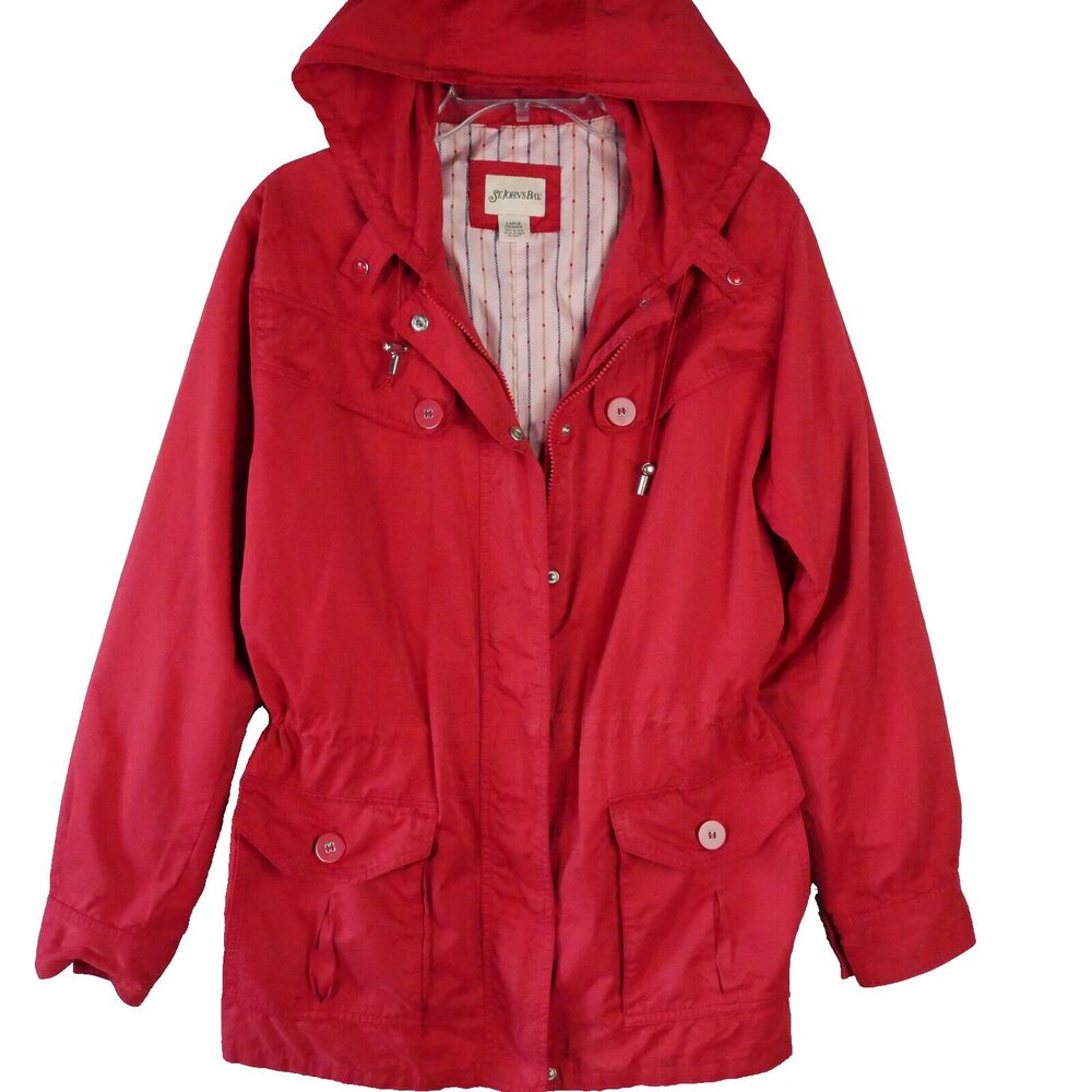 St.John’s Bay Womens Size L Red Jacket Lined Hooded Snap Button Front Zip